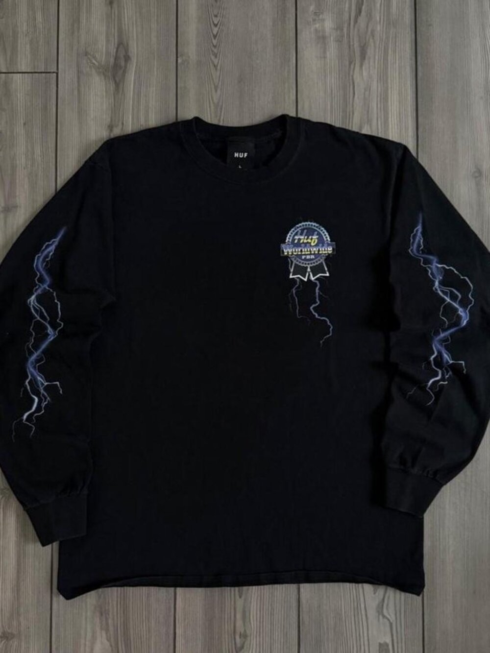 HUF Worldwide x PBR Logo Lightning Y2K Skate Biker Graphic Long Sleeve